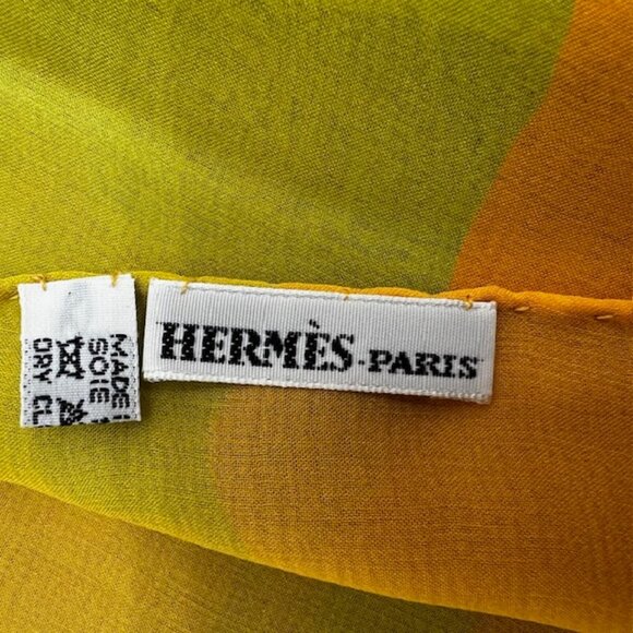 HERMES ParisLightGreen Orange Chiffon silk Scarf 70"x2 8  Logo H PrintFringe(34 - Picture 9 of 14